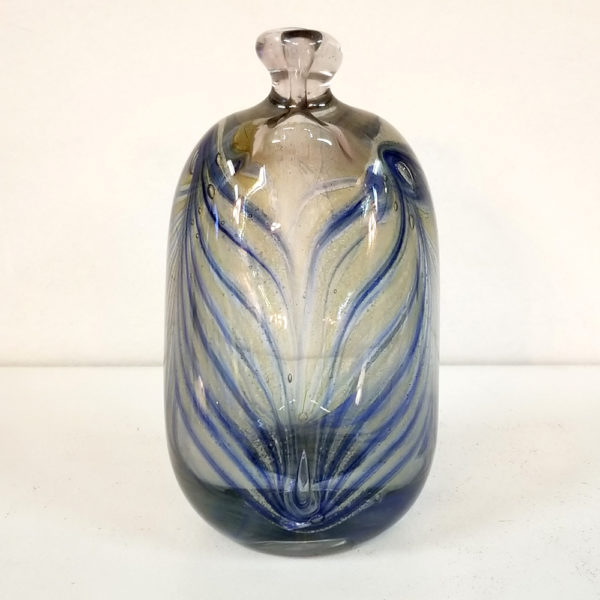 Hand-Blown Art Glass Bud Vase with Blue Feathered Trailing, front view