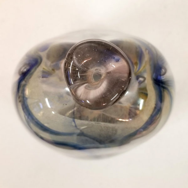 Hand-Blown Art Glass Bud Vase with Blue Feathered Trailing, top view