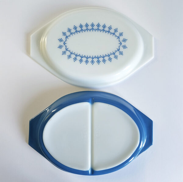 Divided Casserole, Corning Pyrex Blue Garland Snowflake Divided Casserole, Corning Pyrex Blue Garland Snowflake, lid & bottom view