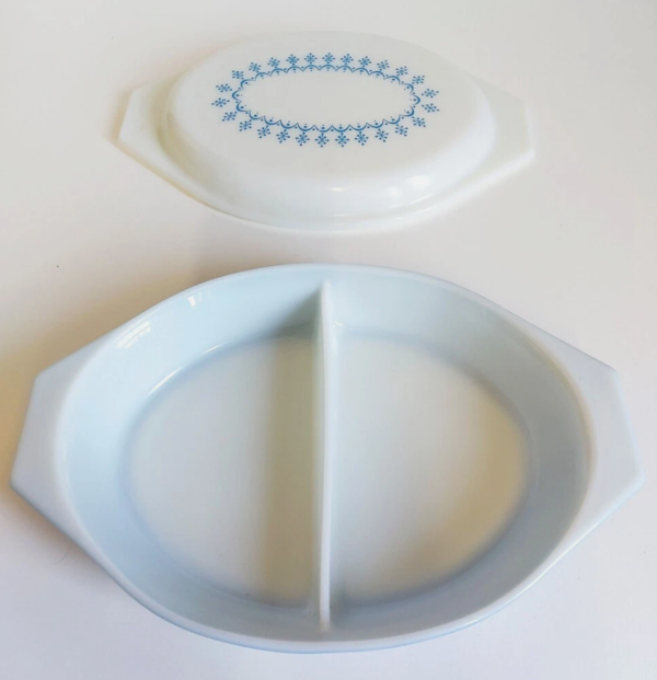 Divided Casserole, Corning Pyrex Blue Garland Snowflake Divided Casserole, Corning Pyrex Blue Garland Snowflake, lid & inside view